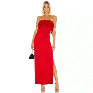 Lovers + Friends Sylvia Red Maxi Whimsigoth Lace Ruffle Satin Slit Dress Size S